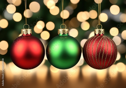 Three Christmas ornaments in red, green, and red with gold glitter hang against a bokeh background of warm lights