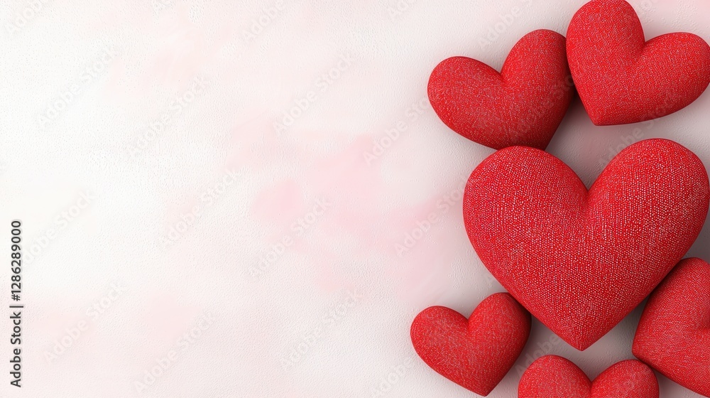 Obraz premium Red glitter hearts on a pink background. Romantic Valentine's Day theme. Copy space available