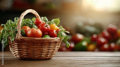 Fototapeta Naklejka Na Ścianę i Meble -  A colorful arrangement of organic vegetables and fruits in a woven basket, symbolizing freshness and a healthy lifestyle, ideal for showcasing farm-to-table concepts and sustainability.