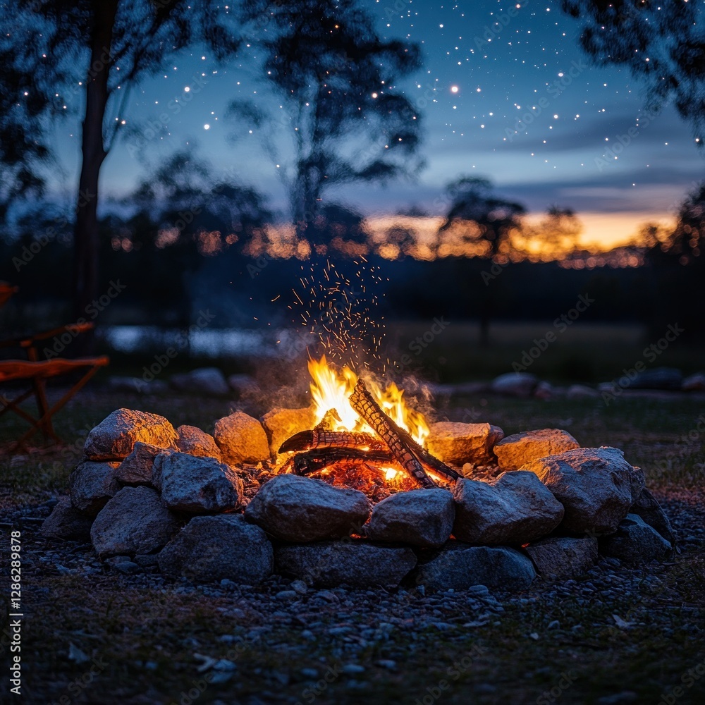 Campfire at night with stars, trees, and a sunset in the background. Campfire at night with stars, trees, and a sunset in the background.