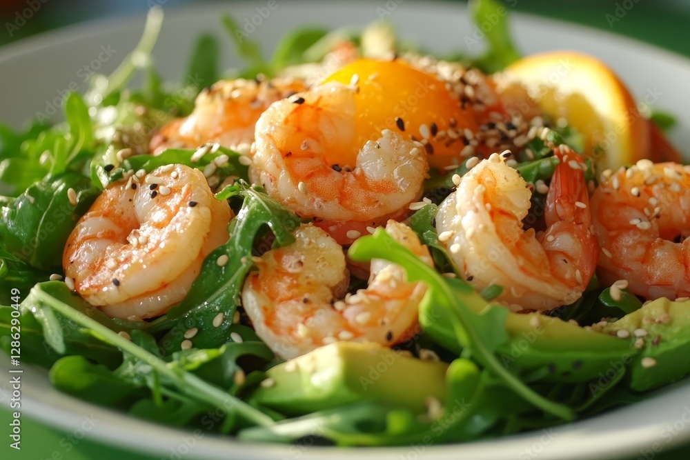 Delectable Shrimp Avocado Salad with Orange Segments - A vibrant shrimp salad featuring succulent shrimp, creamy avocado, zesty orange segments, peppery arugula, and a sesame seed topping. Fresh Delectable Shrimp Avocado Salad with Orange Segments - A vibrant shrimp salad featuring succulent shrimp, creamy avocado, zesty orange segments, peppery arugula, and a sesame seed topping. Fresh