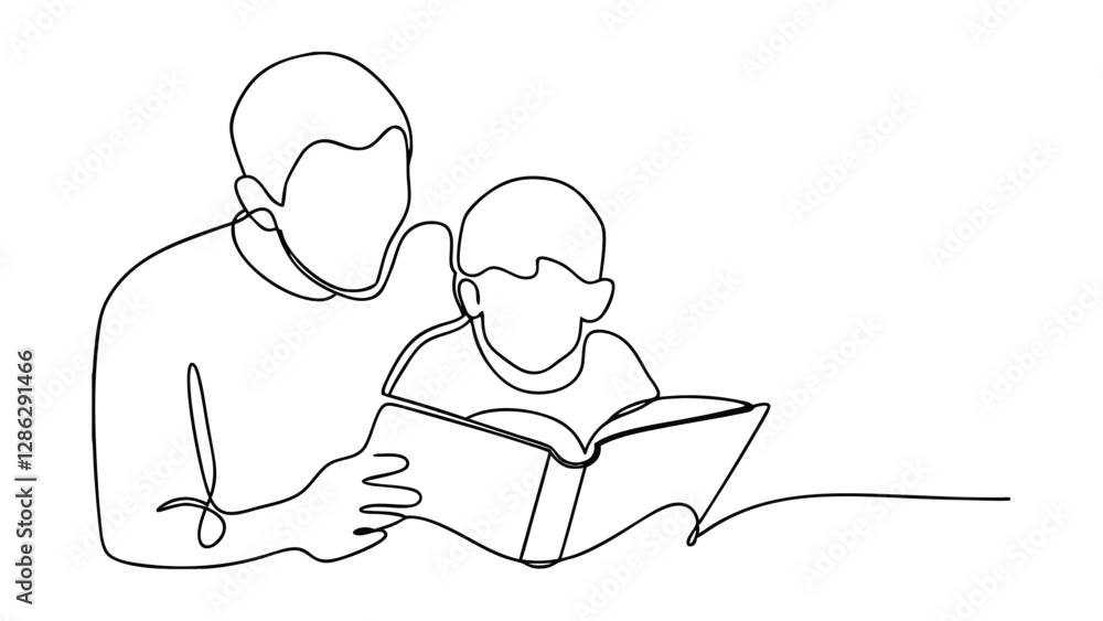 Father and Son Reading Book Together, Continuous Line Art Father and Son Reading Book Together, Continuous Line Art
