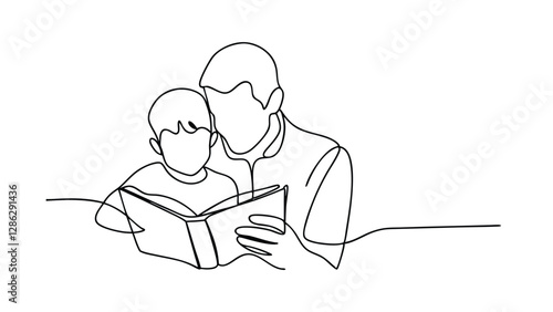 Father and Son Reading Book Together One Line Art