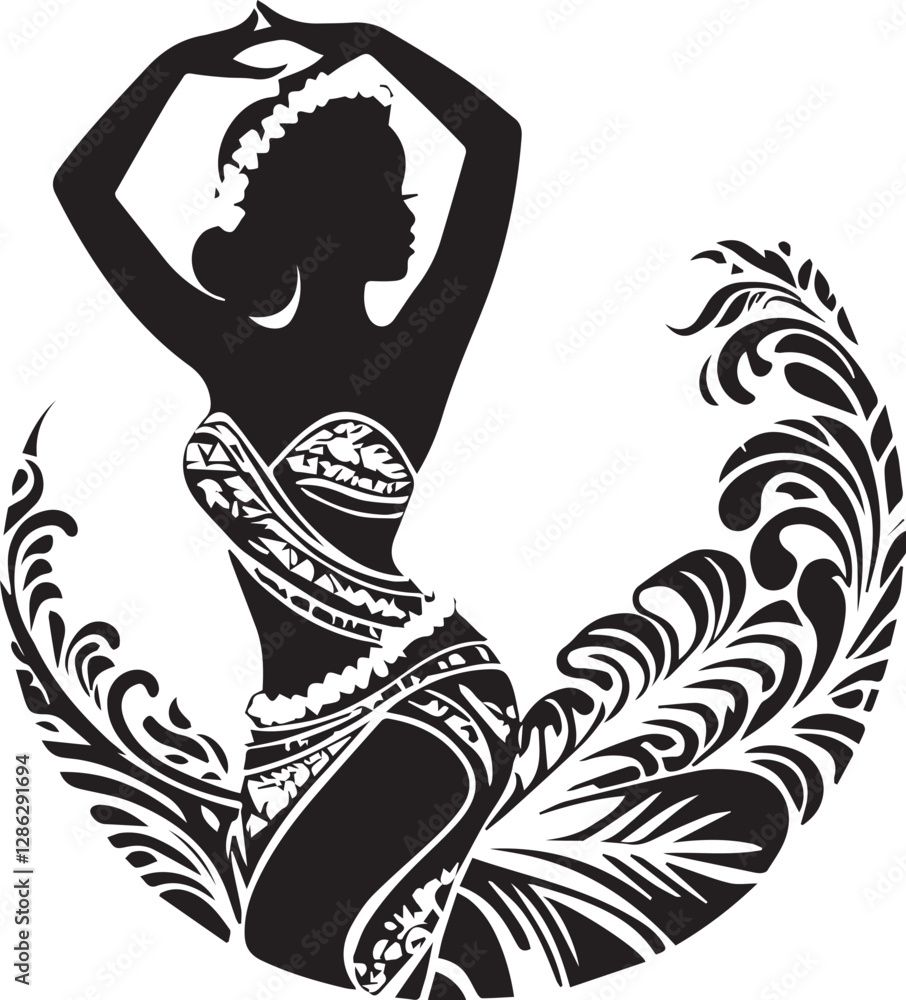 Fototapeta premium A black and white logo type Hula Dancer silhouette design - Traditional Hawaiian Dance silhouette design