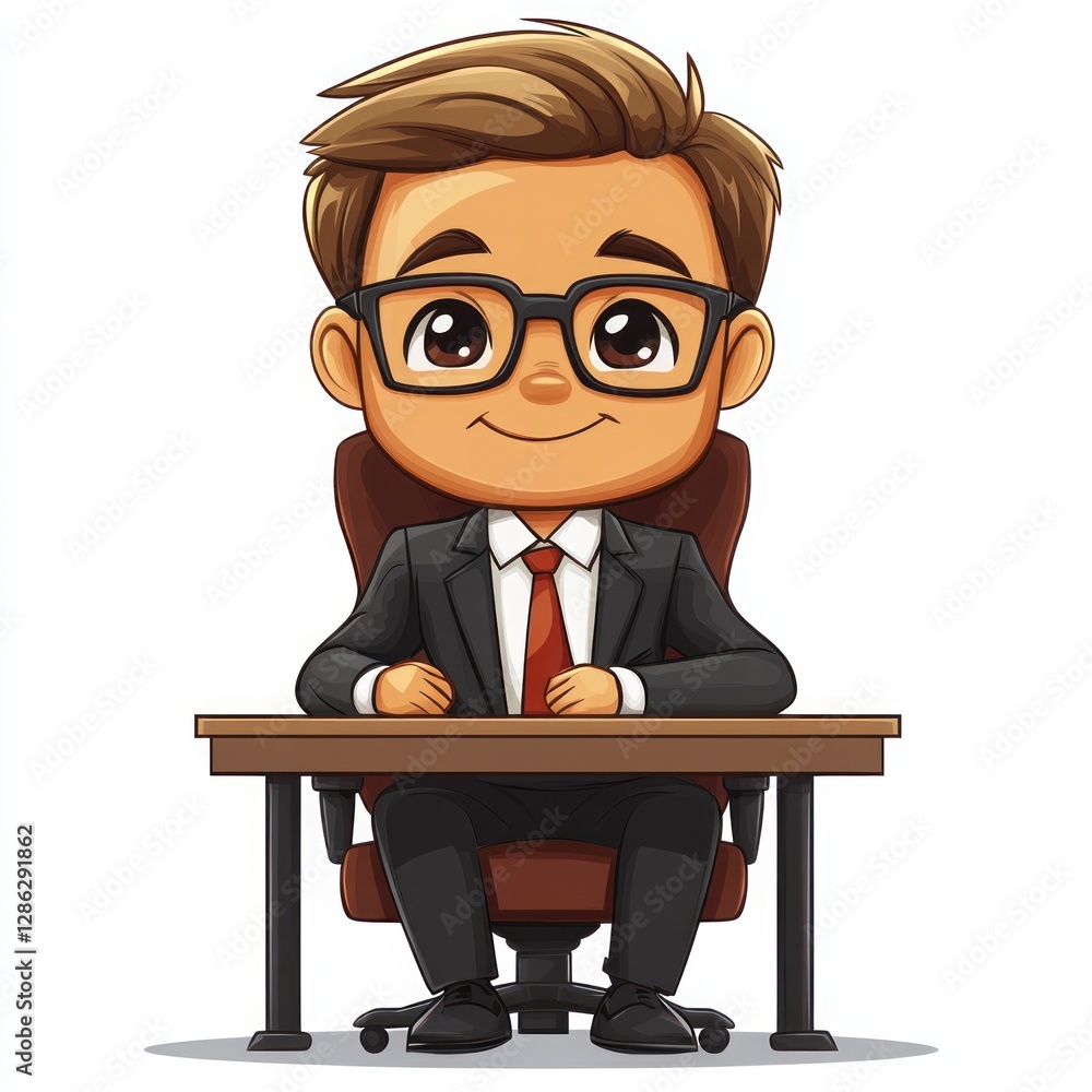 Cartoon boy in suit sitting at desk. Cartoon boy in suit sitting at desk.