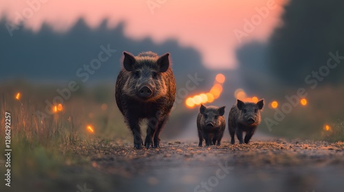 Family of Wild Boars Walking Along a Dusty Road at Sunset