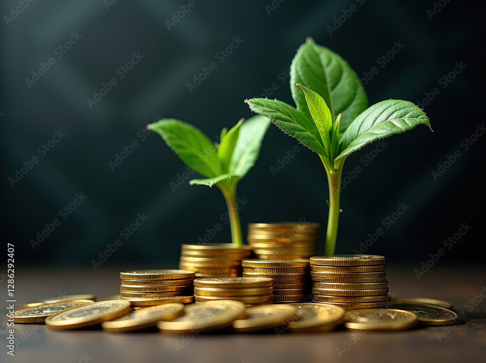 Photograph of a green plant sprouting from a pile of gold coins, symbolizing growth and prosperity. The plant's leaves are vibrant and healthy, contrasting against the dark, textured background. The g Photograph of a green plant sprouting from a pile of gold coins, symbolizing growth and prosperity. The plant's leaves are vibrant and healthy, contrasting against the dark, textured background. The g