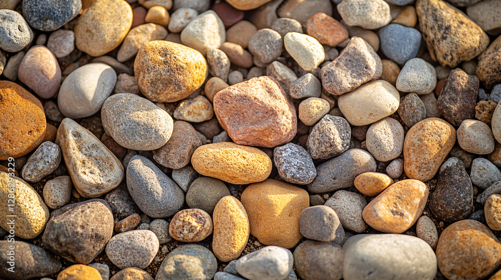 Close up view of pile of small rocks and gravel in various sizes and colors, showcasing natural textures and earthy tones Close up view of pile of small rocks and gravel in various sizes and colors, showcasing natural textures and earthy tones