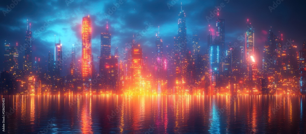 Fototapeta premium Futuristic city skyline reflected in water at night.