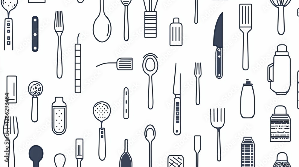 A Seamless Pattern Of Various Kitchen Utensils And Tools A Seamless Pattern Of Various Kitchen Utensils And Tools