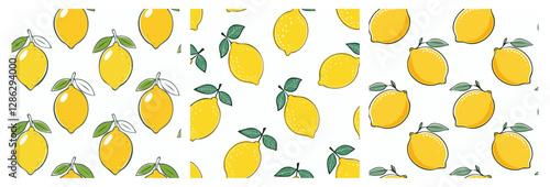 Vivid illustration of a seamless lemon pattern featuring vibrant yellow lemons with green leaves, set against a clean white background to highlight freshness, vitality, and tropical aesthetic.