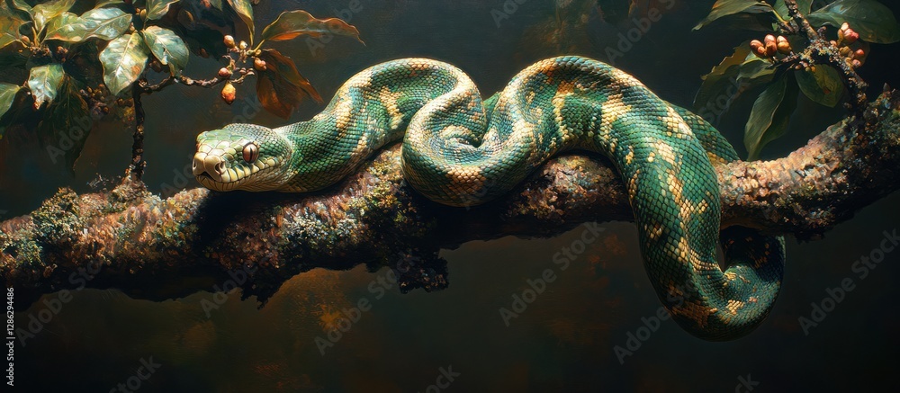 Emerald tree boa coiled on a branch, in a dark, jungle-like setting. Emerald tree boa coiled on a branch, in a dark, jungle-like setting.
