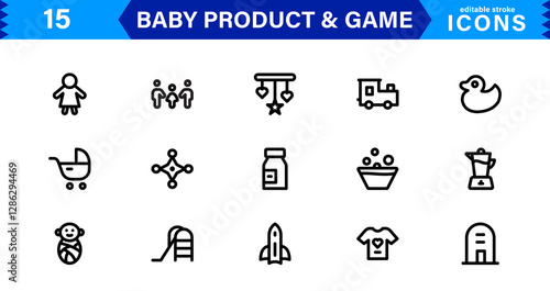 Baby Product and Game Icon Set. Adorable Vector Icons for Toys, Infant Care, and Fun-Filled Baby Activities