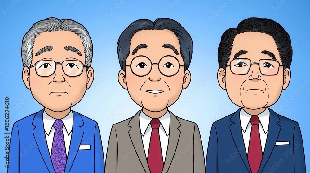 Three men in suits against a light blue background. They have glasses and varying expressions. Pixel art style Three men in suits against a light blue background. They have glasses and varying expressions. Pixel art style