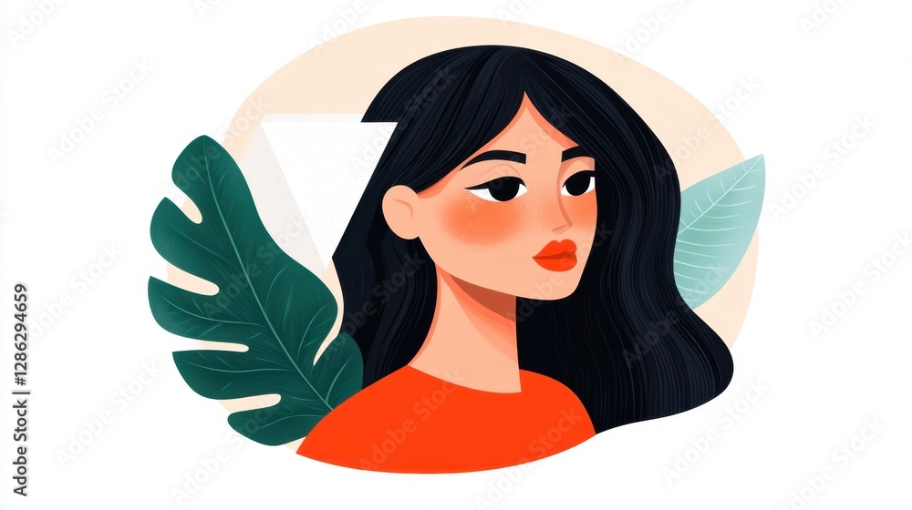 Pixel art portrait of a young woman with long black hair, wearing an orange shirt, surrounded by green leaves on a beige background. Pixel art portrait of a young woman with long black hair, wearing an orange shirt, surrounded by green leaves on a beige background.