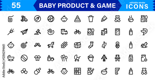 Baby Product and Game Icon Set. Adorable Vector Icons for Toys, Infant Care, and Fun-Filled Baby Activities