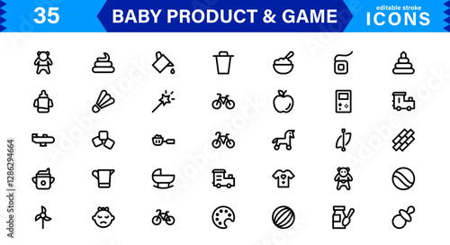 Baby Product and Game Icon Set. Adorable Vector Icons for Toys, Infant Care, and Fun-Filled Baby Activities