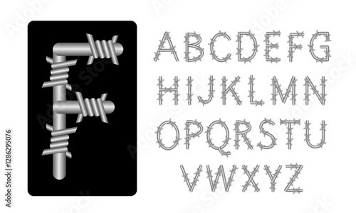 Letters made of metal. Iron font in the form of barbed wire.
 Free use, English font, set of letters. Vector image