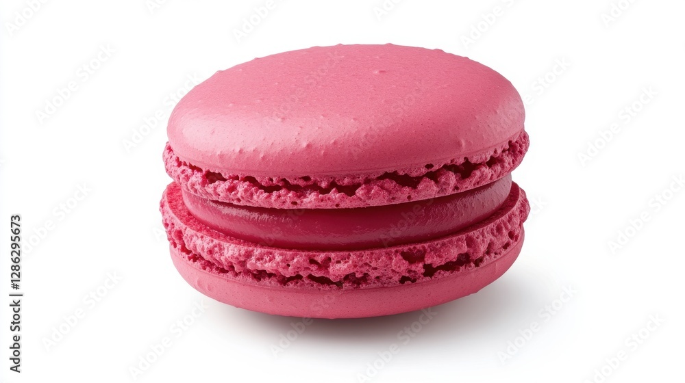 A single pink macaron with a vibrant berry filling, photographed against a clean white background. The macaron shows a slight texture, highlighting A single pink macaron with a vibrant berry filling, photographed against a clean white background. The macaron shows a slight texture, highlighting