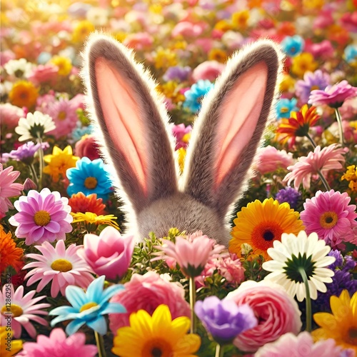 easter bunny`s ears and spring flowers