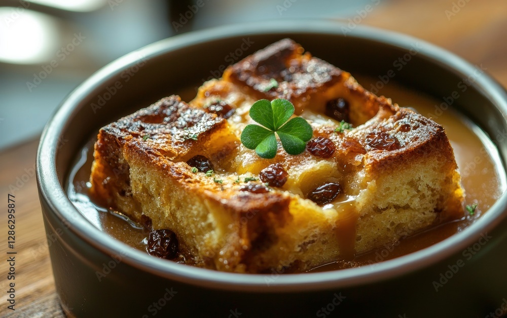Floating warm bread pudding with caramel sauce and golden raisins St Patrick Day Floating warm bread pudding with caramel sauce and golden raisins St Patrick Day