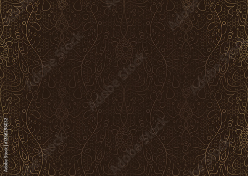 Wallpaper Mural Hand-drawn unique abstract ornament. Light semi transparent brown on a dark brown background, with vignette of same pattern in golden glitter. Paper texture. Digital artwork, A4. (pattern: p13-2b) Torontodigital.ca