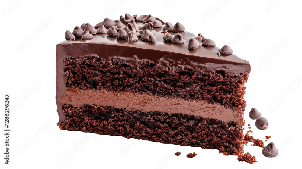 Delicious slice of chocolate cake with rich frosting and chocolate chips on top enjoyed at a dessert table Delicious slice of chocolate cake with rich frosting and chocolate chips on top enjoyed at a dessert table