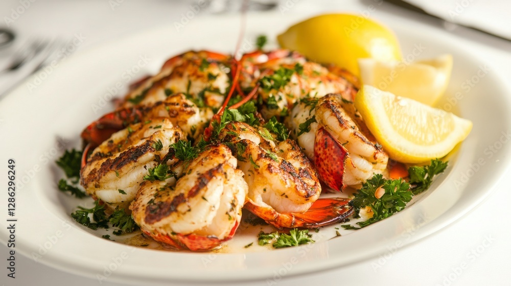 Grilled Shrimp with Lemon and Parsley on White Plate Grilled Shrimp with Lemon and Parsley on White Plate