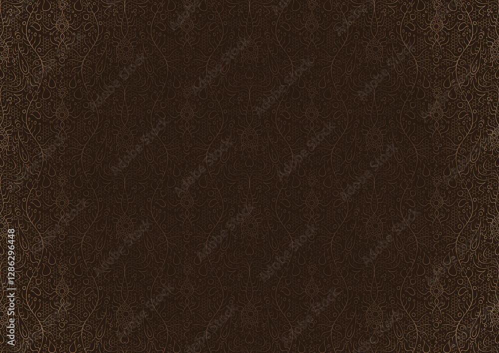 custom made wallpaper toronto digitalHand-drawn unique abstract ornament. Light semi transparent brown on a dark brown background, with vignette of same pattern in golden glitter. Paper texture. Digital artwork, A4. (pattern: p13-2c)