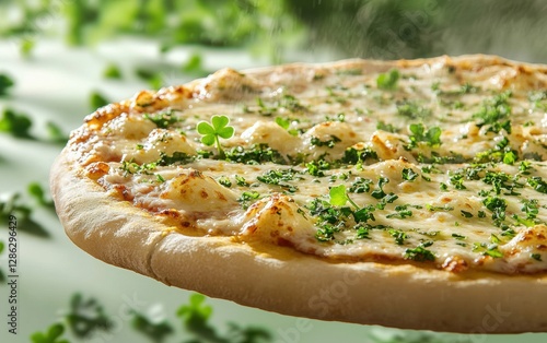 Flying cheesy garlic pizza with crispy crust on vibrant St Patrick Day theme photo