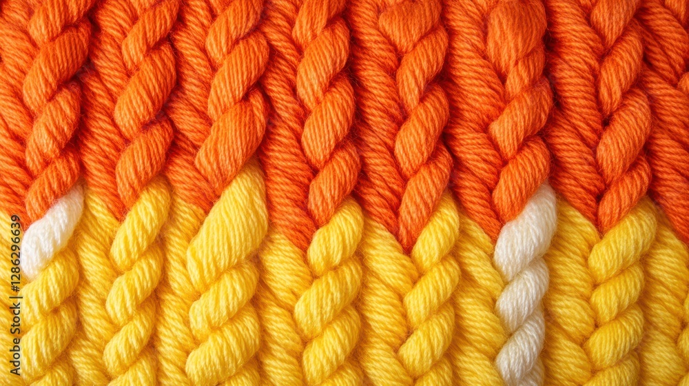 Fototapeta premium A vibrant close-up of a knitted blanket featuring yellow and orange hues, complemented by a soft white trim, showcasing intricate craftsmanship.