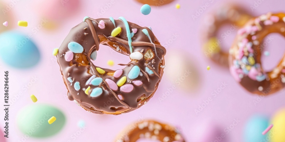 Flying chocolate-covered pretzels with pastel drizzle on bright Easter backdrop Flying chocolate-covered pretzels with pastel drizzle on bright Easter backdrop