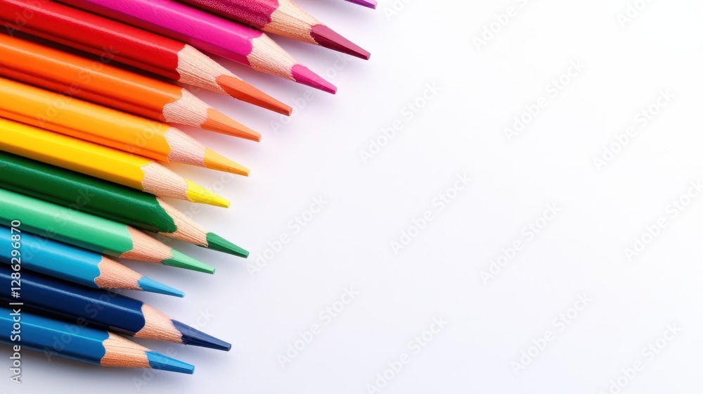 A neatly arranged set of colorful pencils lies on a white background, ready to inspire creativity and artistic expression through drawing and illustration. A neatly arranged set of colorful pencils lies on a white background, ready to inspire creativity and artistic expression through drawing and illustration.