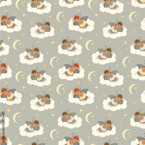 Seamless pattern. Parrot on a cloud. Moon and stars. Pattern for textiles. Children's bed linen.