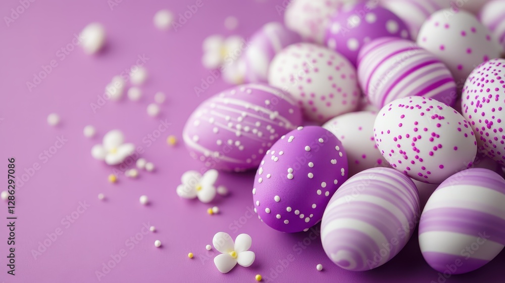 A dynamic composition of purple and white Easter eggs embellished with intricate patterns and floral accents, radiating energy and celebration of spring. A dynamic composition of purple and white Easter eggs embellished with intricate patterns and floral accents, radiating energy and celebration of spring.