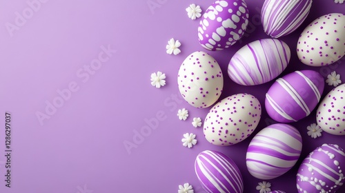 Vibrantly decorated Easter eggs in shades of purple and white are artfully arranged with delicate flowers, creating a festive and charming seasonal display.