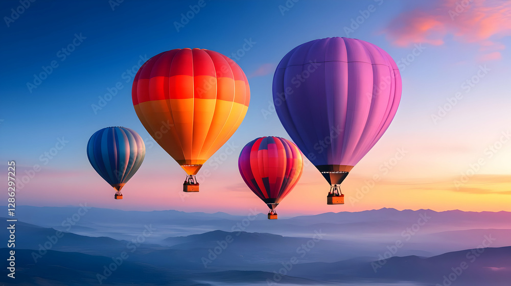 Colorful hot air balloons soar above a scenic landscape at sunrise, creating a serene and breathtaking aerial adventure. Colorful hot air balloons soar above a scenic landscape at sunrise, creating a serene and breathtaking aerial adventure.