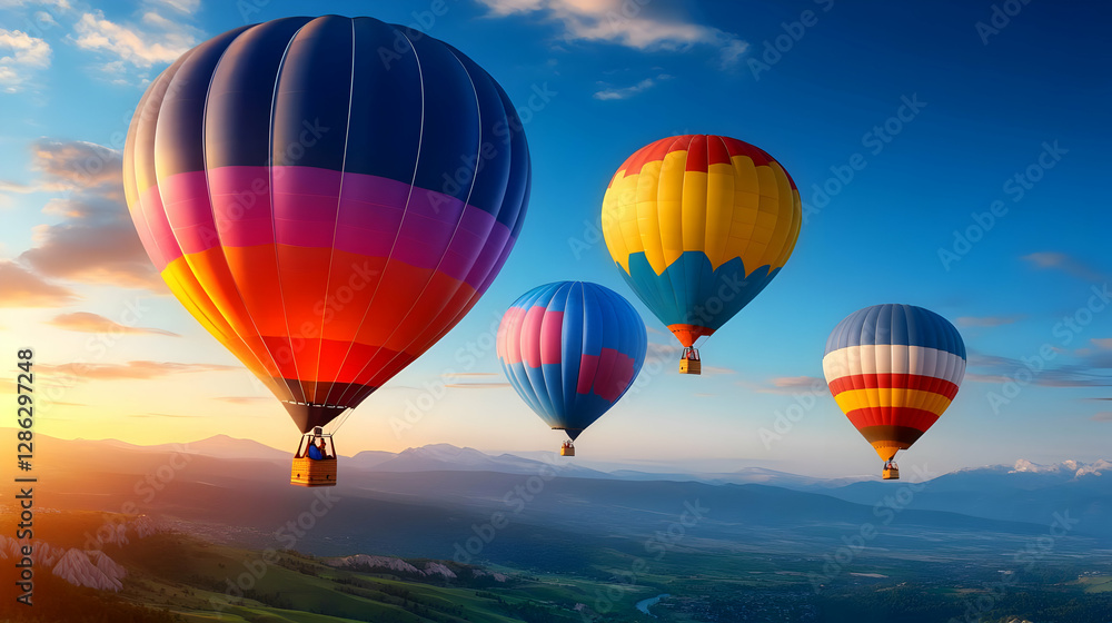 Obraz premium Colorful hot air balloons soaring over picturesque landscapes at sunset, creating a captivating travel experience.