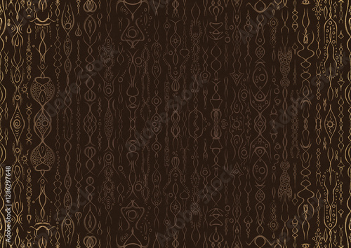 Wallpaper Mural Hand-drawn unique abstract ornament. Light semi transparent brown on a dark brown background, with vignette of same pattern in golden glitter. Paper texture. Digital artwork, A4. (pattern: p14a) Torontodigital.ca