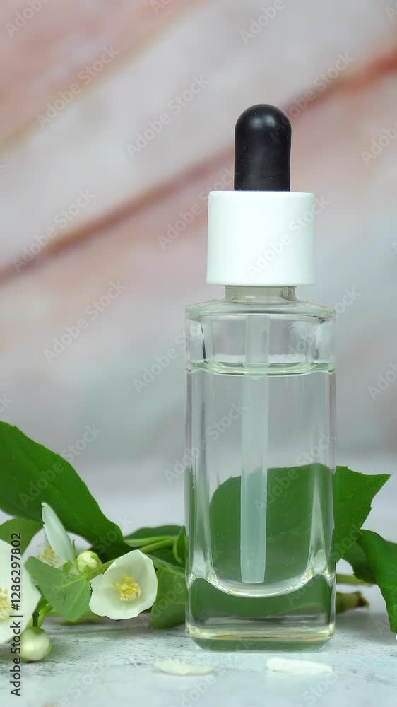 Vertical video of a transparent pipette bottle with perfume or hydrosol and fresh jasmine flowers on a white-pink marble background. Soft, floral, and luxurious. Vertical video of a transparent pipette bottle with perfume or hydrosol and fresh jasmine flowers on a white-pink marble background. Soft, floral, and luxurious.