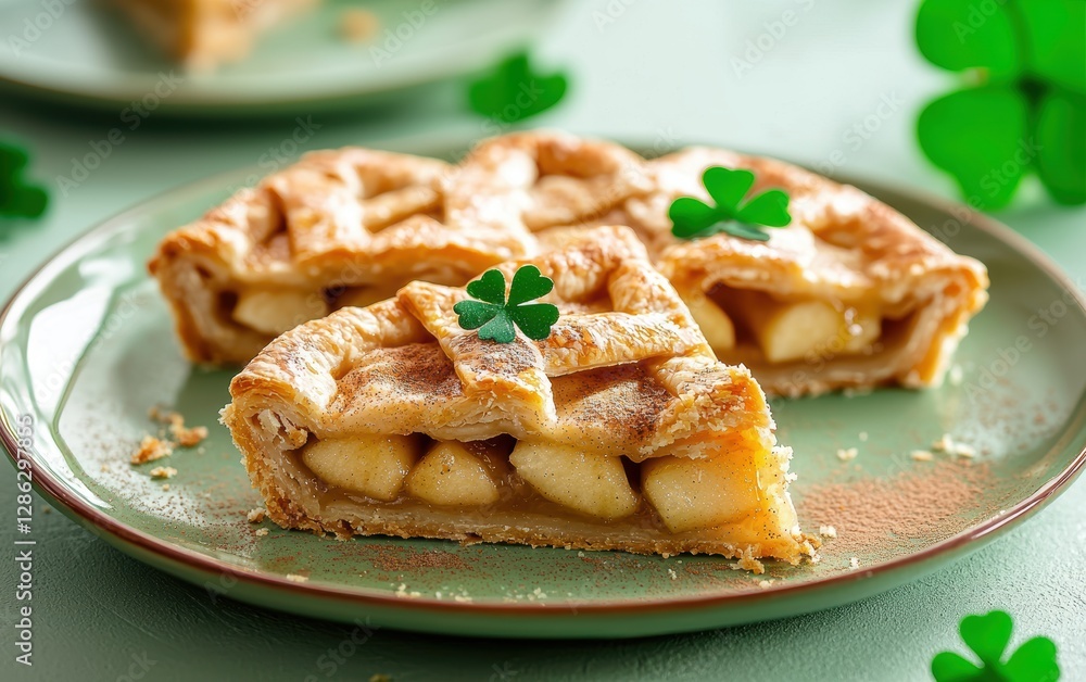 Flying flaky apple pie slices with warm cinnamon filling St Patrick Day Flying flaky apple pie slices with warm cinnamon filling St Patrick Day