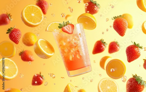 Flying fresh strawberry lemonade with bright citrus glow on hot orange background Easter