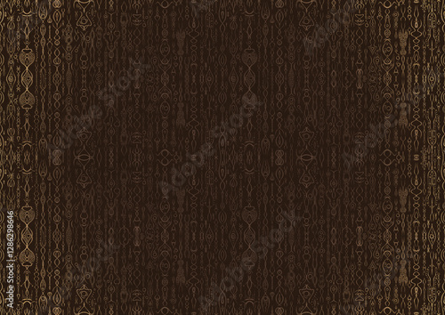 Wallpaper Mural Hand-drawn unique abstract ornament. Light semi transparent brown on a dark brown background, with vignette of same pattern in golden glitter. Paper texture. Digital artwork, A4. (pattern: p14b) Torontodigital.ca