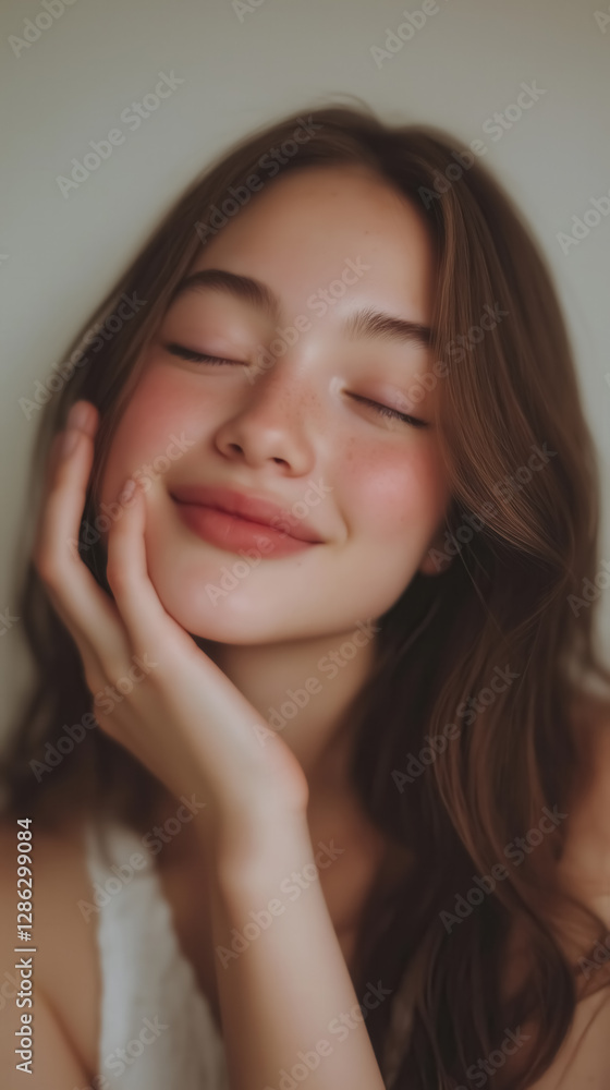 A beautiful woman with radiant, flawless skin smiling gently while touching her face A beautiful woman with radiant, flawless skin smiling gently while touching her face