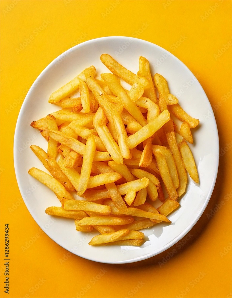 Close up photo of French fries on a white plate on a plain yellow background Close up photo of French fries on a white plate on a plain yellow background