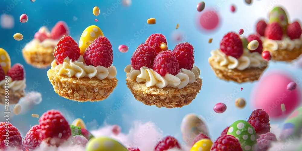Flying raspberry tarts with golden crust and Easter decorations on bright festive background Flying raspberry tarts with golden crust and Easter decorations on bright festive background