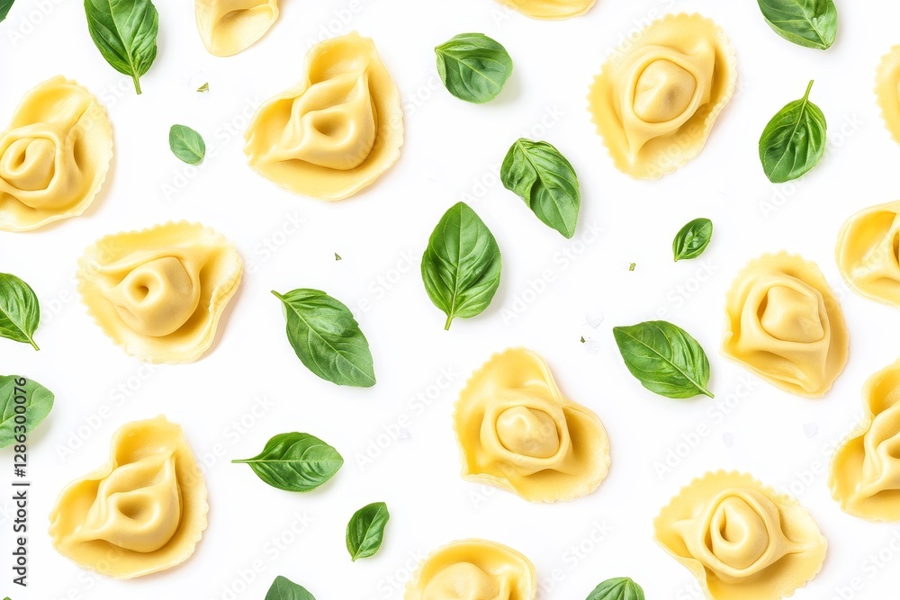 Isolated Tortellini Pasta with Basil Leaves - Delicious Italian tortellini pasta, fresh basil leaves, culinary delight, food , white background Isolated Tortellini Pasta with Basil Leaves - Delicious Italian tortellini pasta, fresh basil leaves, culinary delight, food , white background