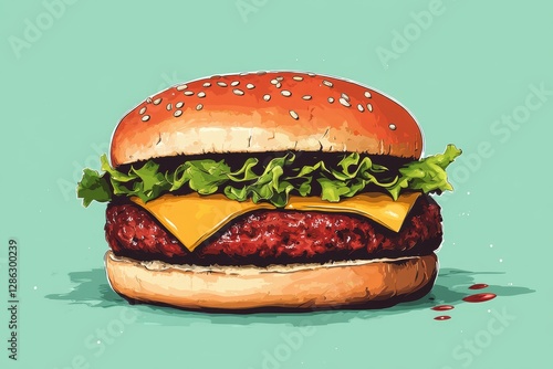 Juicy Cheeseburger Delight - A mouthwatering cheeseburger with lettuce and sesame seed bun, perfect for advertising fast food or restaurants photo