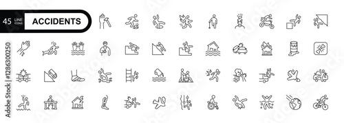 Accidents line editable stroke icon set. Falls, blows, car accidents, work injury, etc. Vector illustration.