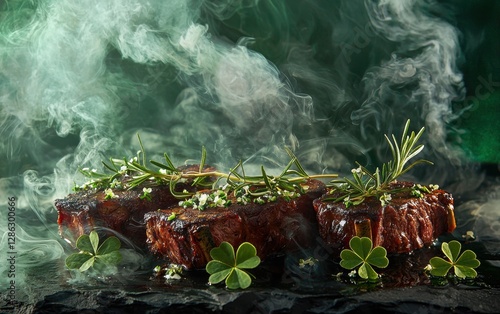 Flying smoky venison steaks with rosemary and clover garnish St Patrick Day